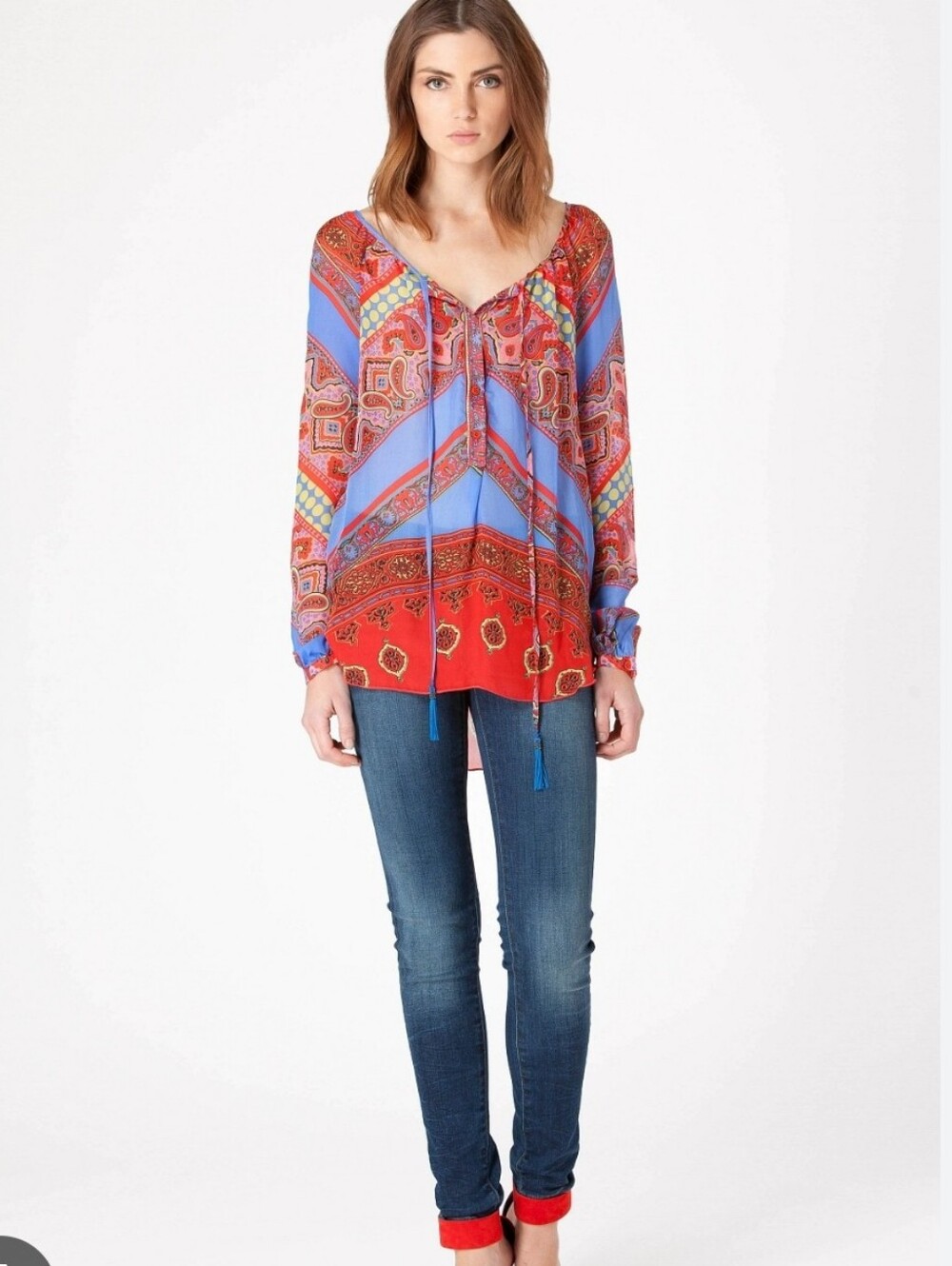 Hale Bob Boho Paisley Tie-Front Peasant Top